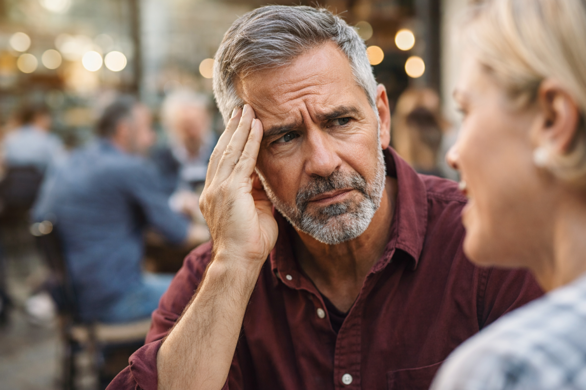 Man concentrating and straining to hear a conversation in a noisy restaurant environment