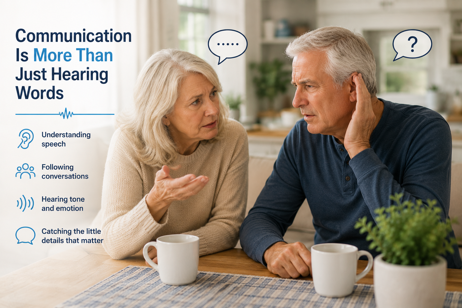 Older couple having conversation at kitchen table while one partner struggles to hear clearly