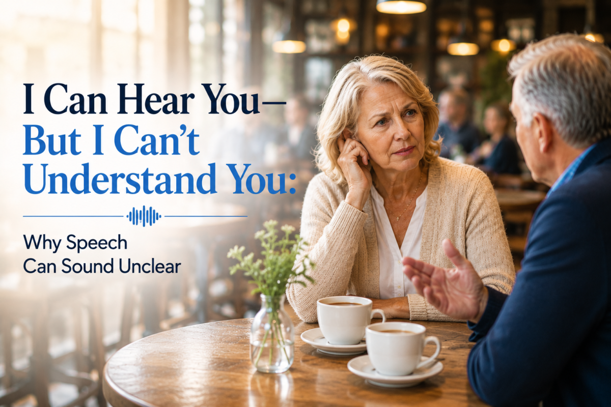Older adults having a conversation in a busy café, illustrating difficulty understanding speech in background noise.