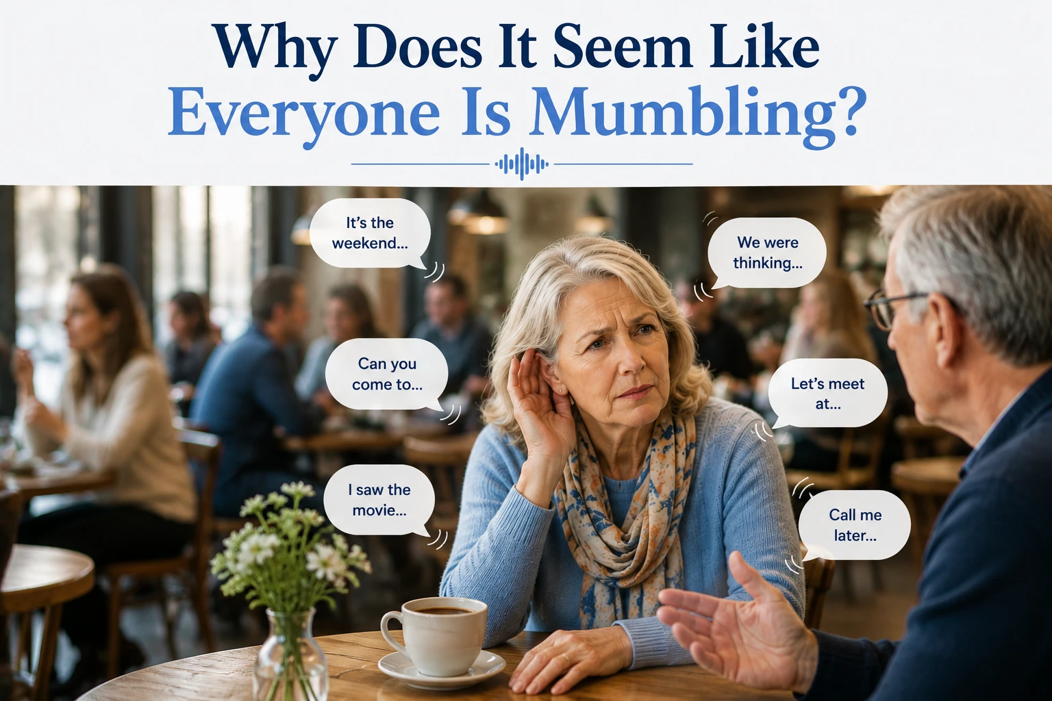 Older woman listening closely to a conversation in a busy café as parts of the surrounding speech become difficult to understand.