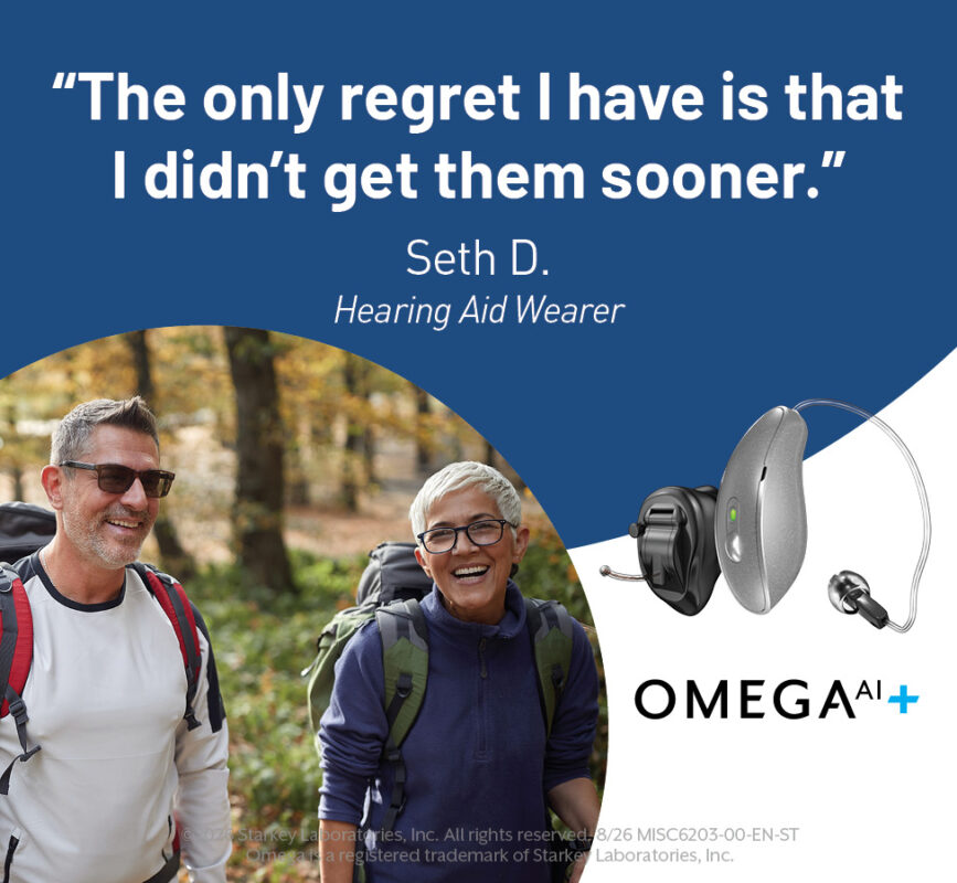 Two men hiking beside Omega AI+ hearing aids and Seth D.’s testimonial: “The only regret I have is that I didn’t get them sooner.”